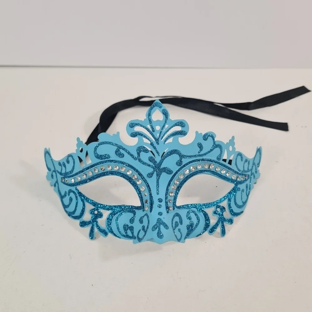 Venetian Masquerade Mardi Gras Halloween Eye Mask Blue with Glitter & Crystals